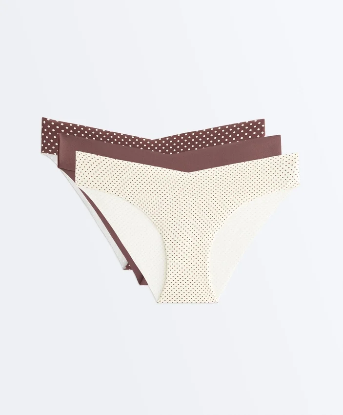 3 braguitas de bikini clásicas con corte en V, invisibles, de mezcla de poliamida y corte láser 3 braguitas de bikini clásicas con corte en V, invisibles, de mezcla de poliamida y corte láser