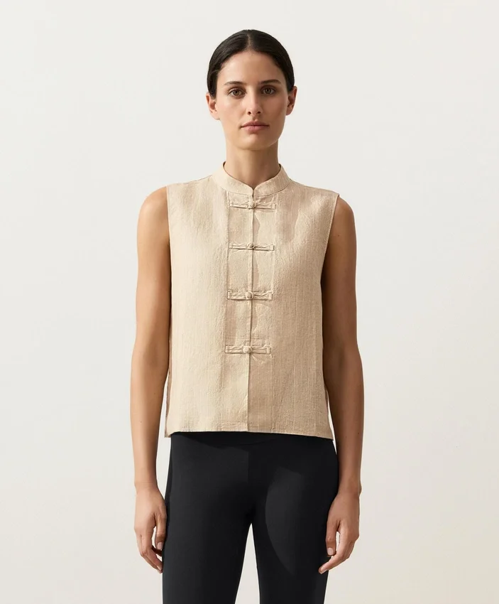 Camisas sin mangas de 100 % lino con cuello alto y botones Camisas sin mangas de 100 % lino con cuello alto y botones