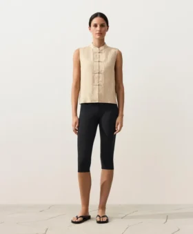 Camisas sin mangas de 100 % lino con cuello alto y botones Camisas sin mangas de 100 % lino con cuello alto y botones