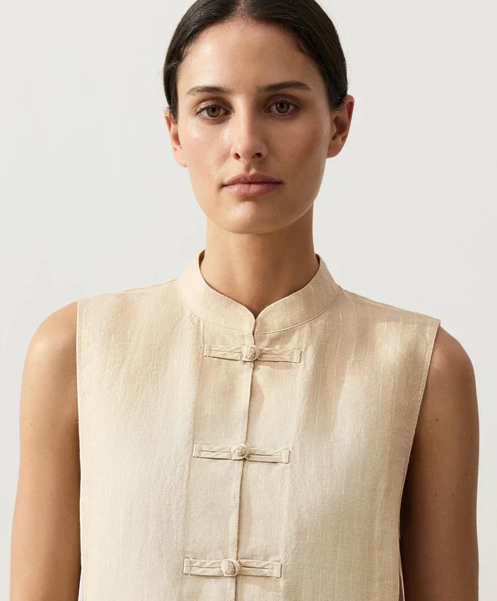 Camisas sin mangas de 100 % lino con cuello alto y botones Camisas sin mangas de 100 % lino con cuello alto y botones