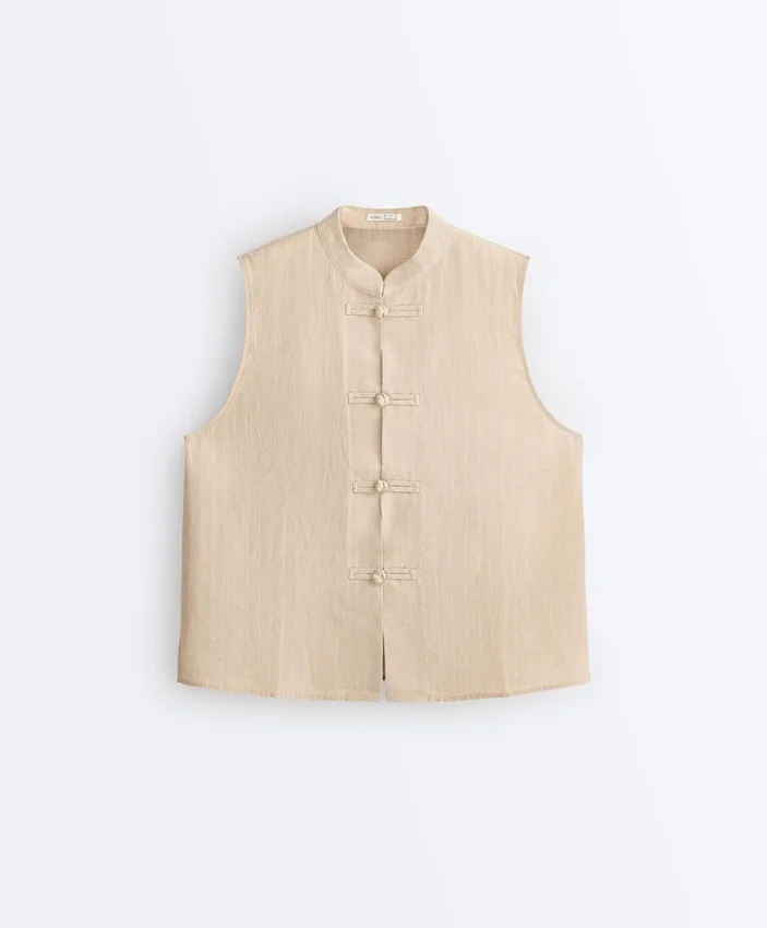 Camisas sin mangas de 100 % lino con cuello alto y botones Camisas sin mangas de 100 % lino con cuello alto y botones