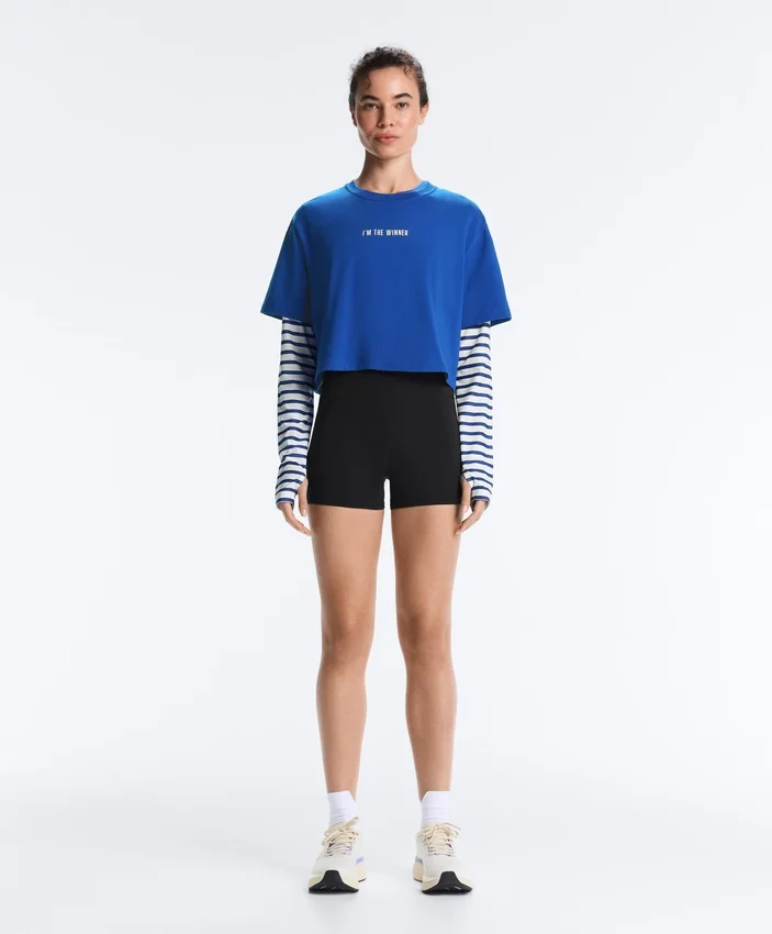Camiseta corta de corte recto con eslogan, de mezcla de algodón Camiseta corta de corte recto con eslogan, de mezcla de algodón