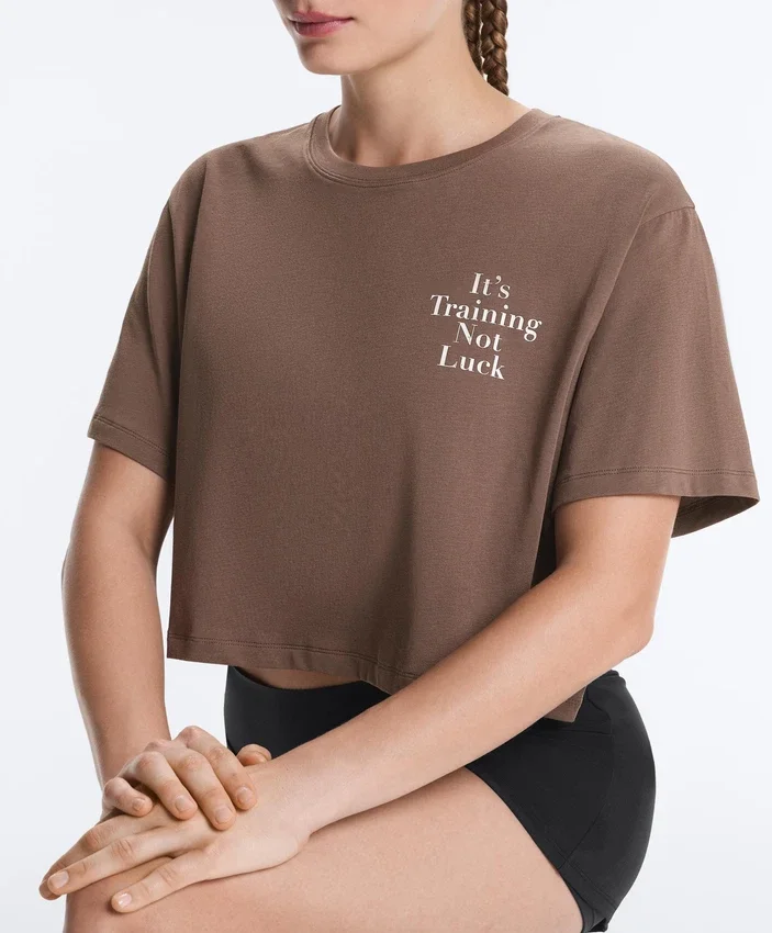 Camiseta corta de corte recto con eslogan, de mezcla de algodón Camiseta corta de corte recto con eslogan, de mezcla de algodón
