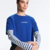 Camiseta corta de corte recto con eslogan, de mezcla de algodón Camiseta corta de corte recto con eslogan, de mezcla de algodón