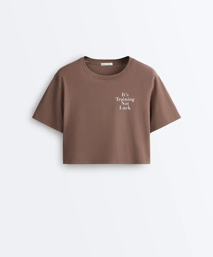 Camiseta corta de corte recto con eslogan, de mezcla de algodón Camiseta corta de corte recto con eslogan, de mezcla de algodón