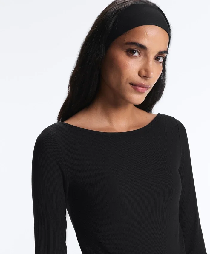 Camiseta de cuello barco de mezcla de modal acanalado Camiseta de cuello barco de mezcla de modal acanalado
