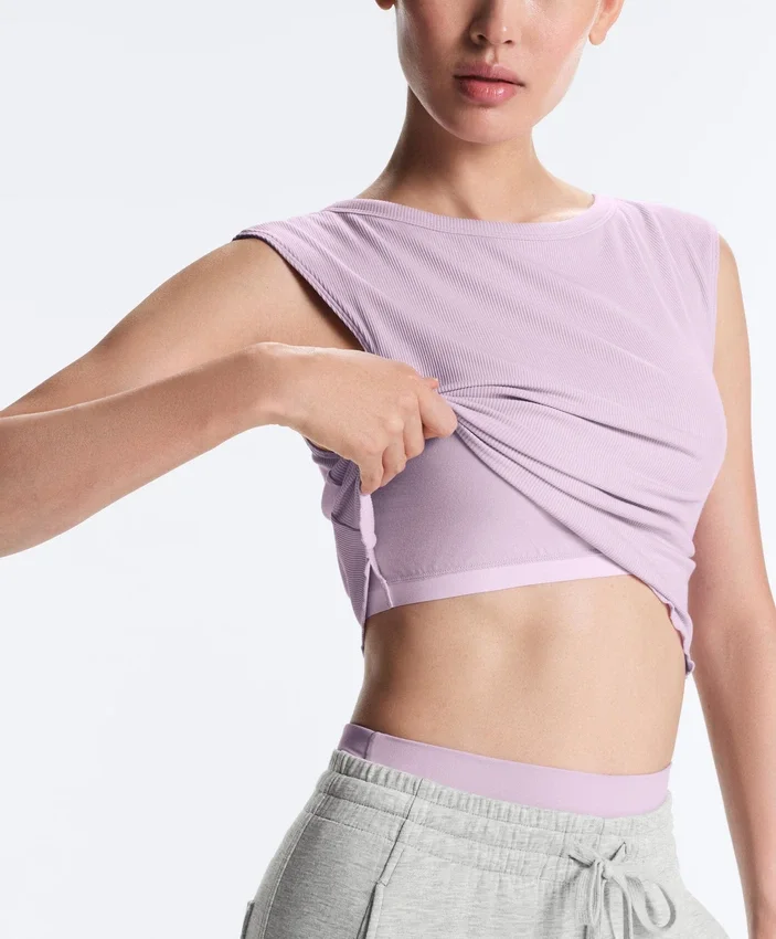 Camiseta de tirantes de manga corta de mezcla de modal acanalado con detalle rizado Camiseta de tirantes de manga corta de mezcla de modal acanalado con detalle rizado