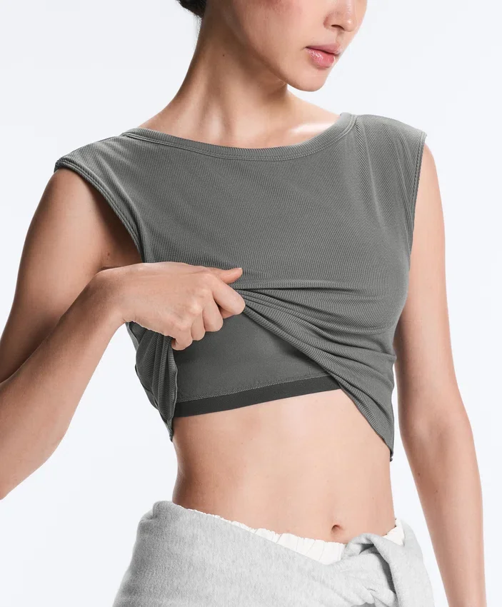Camiseta de tirantes de manga corta de mezcla de modal acanalado con detalle rizado Camiseta de tirantes de manga corta de mezcla de modal acanalado con detalle rizado