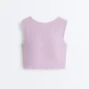Camiseta de tirantes de manga corta de mezcla de modal acanalado con detalle rizado Camiseta de tirantes de manga corta de mezcla de modal acanalado con detalle rizado
