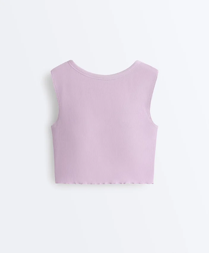 Camiseta de tirantes de manga corta de mezcla de modal acanalado con detalle rizado Camiseta de tirantes de manga corta de mezcla de modal acanalado con detalle rizado