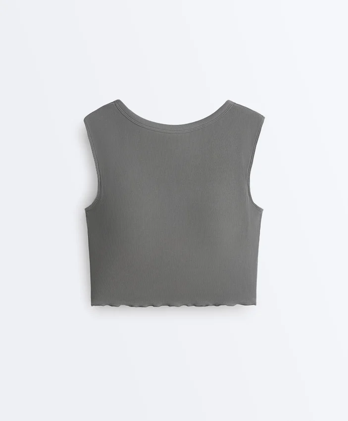 Camiseta de tirantes de manga corta de mezcla de modal acanalado con detalle rizado Camiseta de tirantes de manga corta de mezcla de modal acanalado con detalle rizado