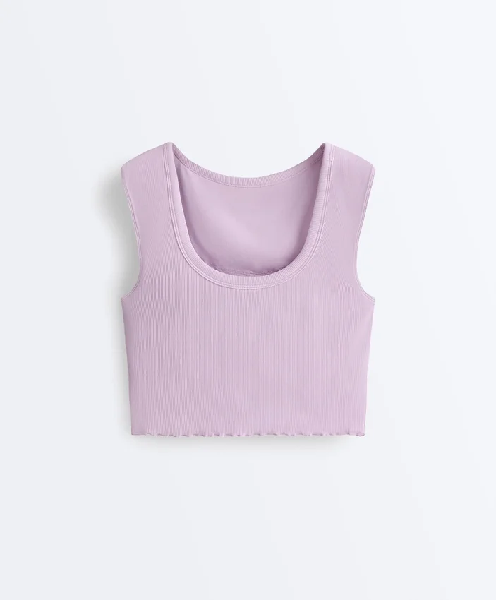 Camiseta de tirantes de manga corta de mezcla de modal acanalado con detalle rizado Camiseta de tirantes de manga corta de mezcla de modal acanalado con detalle rizado