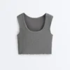 Camiseta de tirantes de manga corta de mezcla de modal acanalado con detalle rizado Camiseta de tirantes de manga corta de mezcla de modal acanalado con detalle rizado