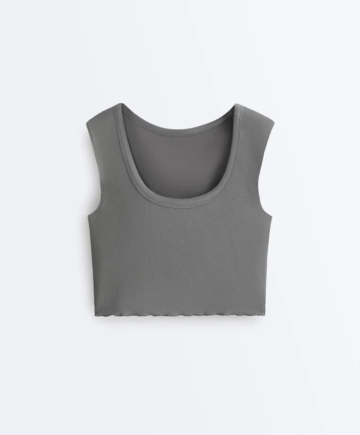 Camiseta de tirantes de manga corta de mezcla de modal acanalado con detalle rizado Camiseta de tirantes de manga corta de mezcla de modal acanalado con detalle rizado