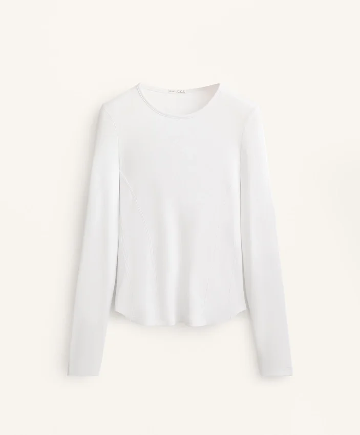 Camiseta entallada de manga larga con cuello redondo y tejido de canalé de algodón y modal Camiseta entallada de manga larga con cuello redondo y tejido de canalé de algodón y modal