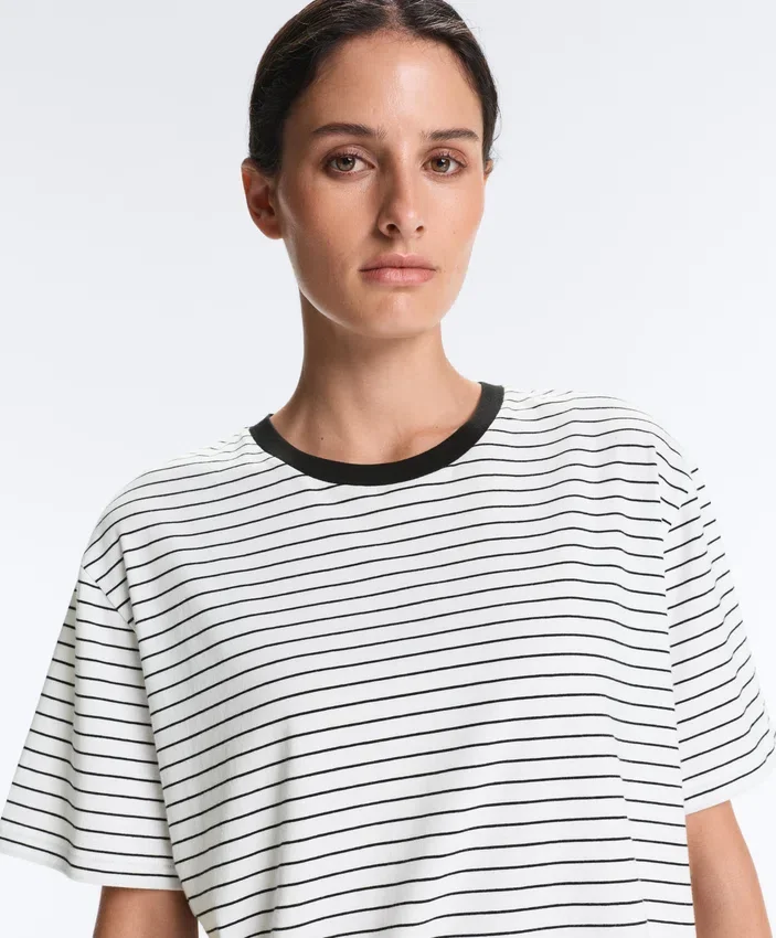 Camiseta holgada de manga corta a rayas de mezcla de algodón Camiseta holgada de manga corta a rayas de mezcla de algodón