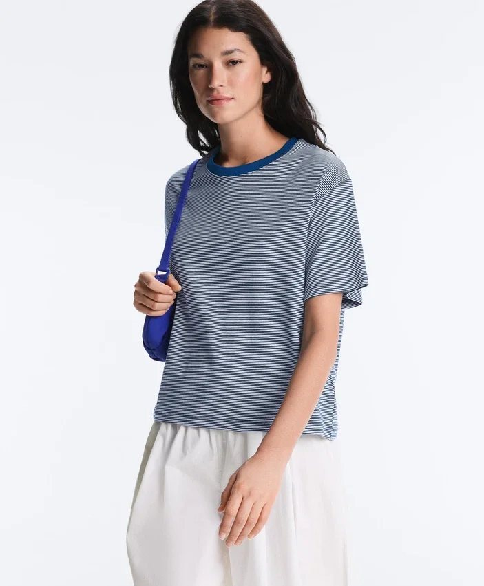 Camiseta holgada de manga corta a rayas de mezcla de algodón Camiseta holgada de manga corta a rayas de mezcla de algodón