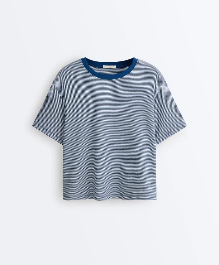 Camiseta holgada de manga corta a rayas de mezcla de algodón Camiseta holgada de manga corta a rayas de mezcla de algodón