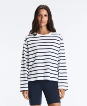 Camiseta holgada oversize de manga larga con estampado de rayas, mezcla de algodón