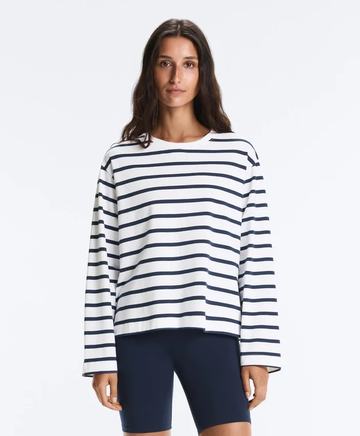 Camiseta holgada oversize de manga larga con estampado de rayas, mezcla de algodón Camiseta holgada oversize de manga larga con estampado de rayas, mezcla de algodón