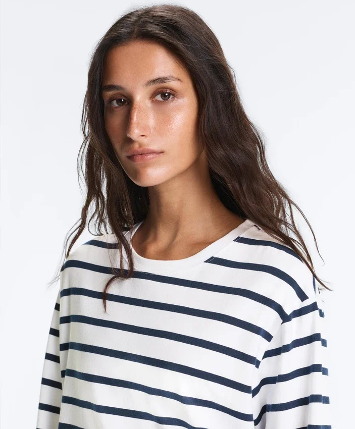 Camiseta holgada oversize de manga larga con estampado de rayas, mezcla de algodón Camiseta holgada oversize de manga larga con estampado de rayas, mezcla de algodón