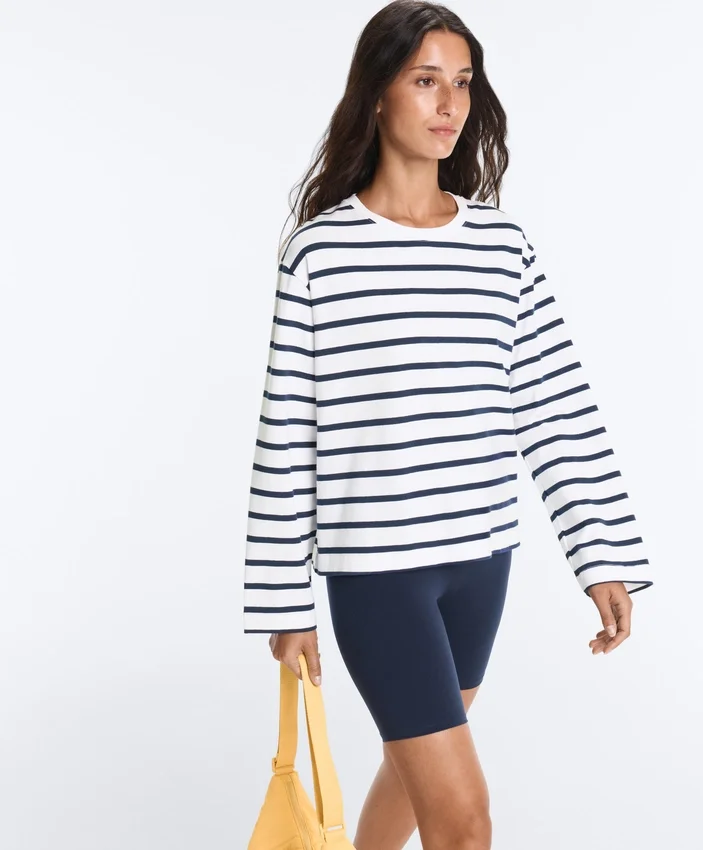 Camiseta holgada oversize de manga larga con estampado de rayas, mezcla de algodón Camiseta holgada oversize de manga larga con estampado de rayas, mezcla de algodón