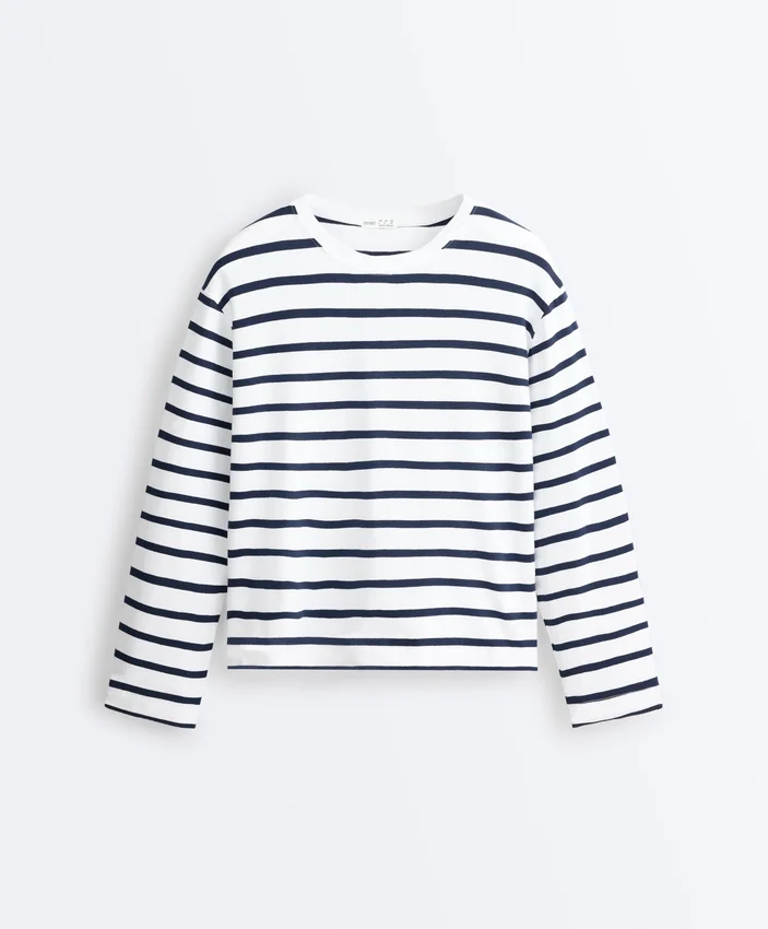Camiseta holgada oversize de manga larga con estampado de rayas, mezcla de algodón Camiseta holgada oversize de manga larga con estampado de rayas, mezcla de algodón