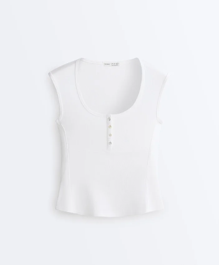 Camiseta sin mangas de punto elástico con botones de algodón y modal Camiseta sin mangas de punto elástico con botones de algodón y modal