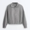 Chaqueta de cuello alto de rayas finas 100 % lino Chaqueta de cuello alto de rayas finas 100 % lino