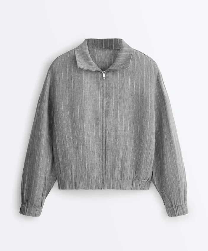 Chaqueta de cuello alto de rayas finas 100 % lino Chaqueta de cuello alto de rayas finas 100 % lino
