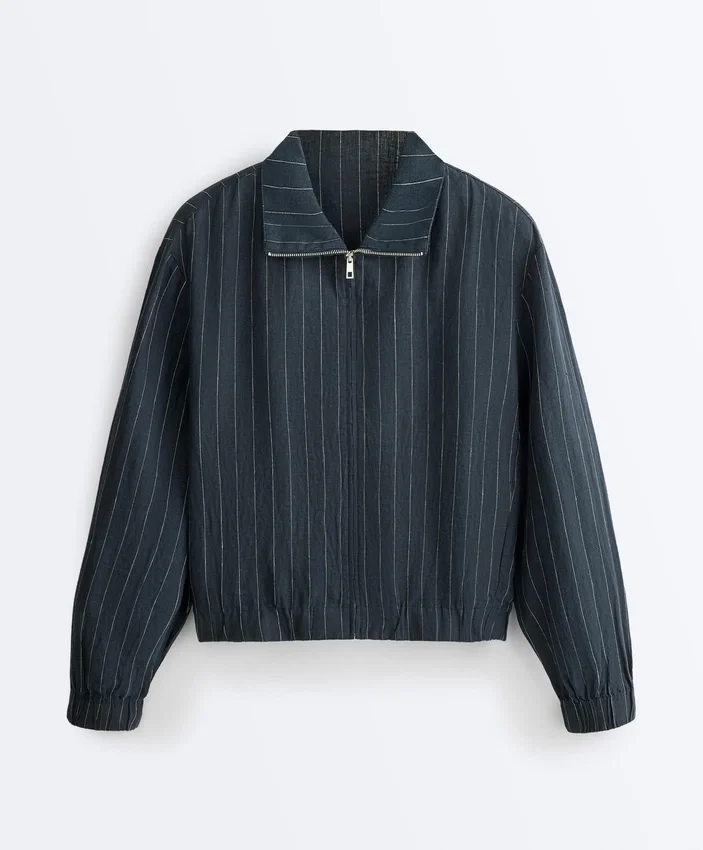 Chaqueta de cuello alto de rayas finas 100 % lino Chaqueta de cuello alto de rayas finas 100 % lino