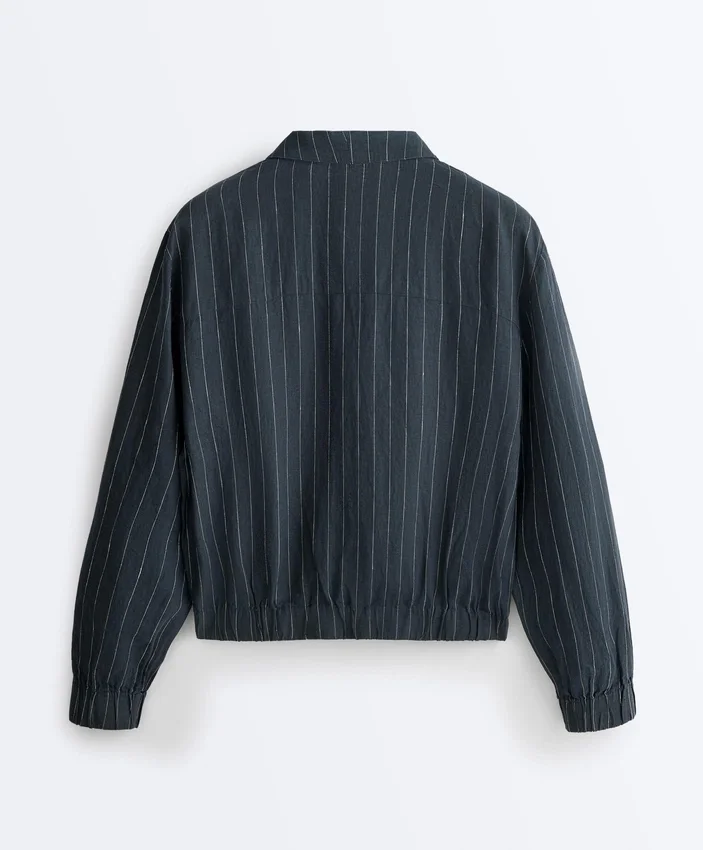 Chaqueta de cuello alto de rayas finas 100 % lino Chaqueta de cuello alto de rayas finas 100 % lino