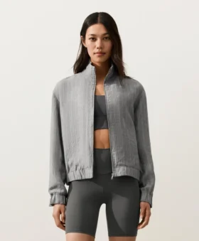 Chaqueta de cuello alto de rayas finas 100 % lino Chaqueta de cuello alto de rayas finas 100 % lino
