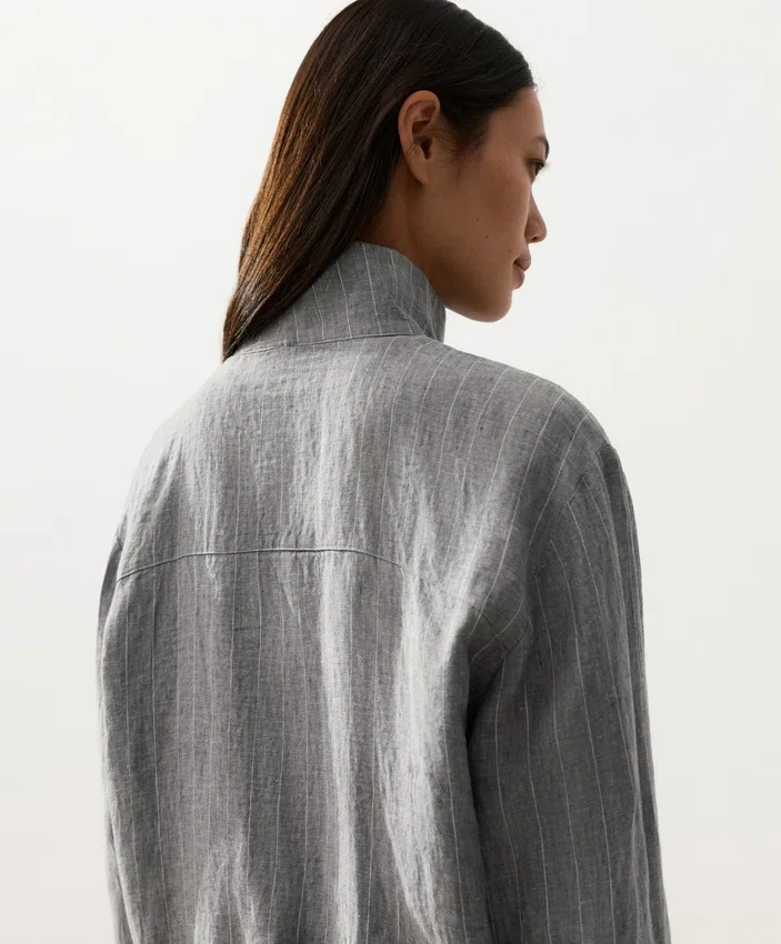 Chaqueta de cuello alto de rayas finas 100 % lino Chaqueta de cuello alto de rayas finas 100 % lino