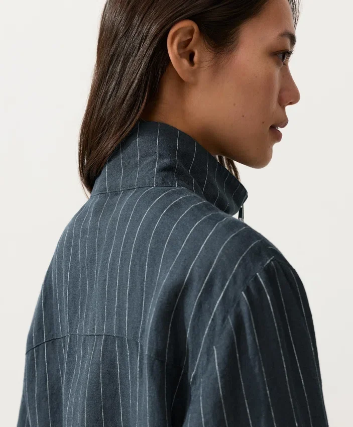 Chaqueta de cuello alto de rayas finas 100 % lino Chaqueta de cuello alto de rayas finas 100 % lino
