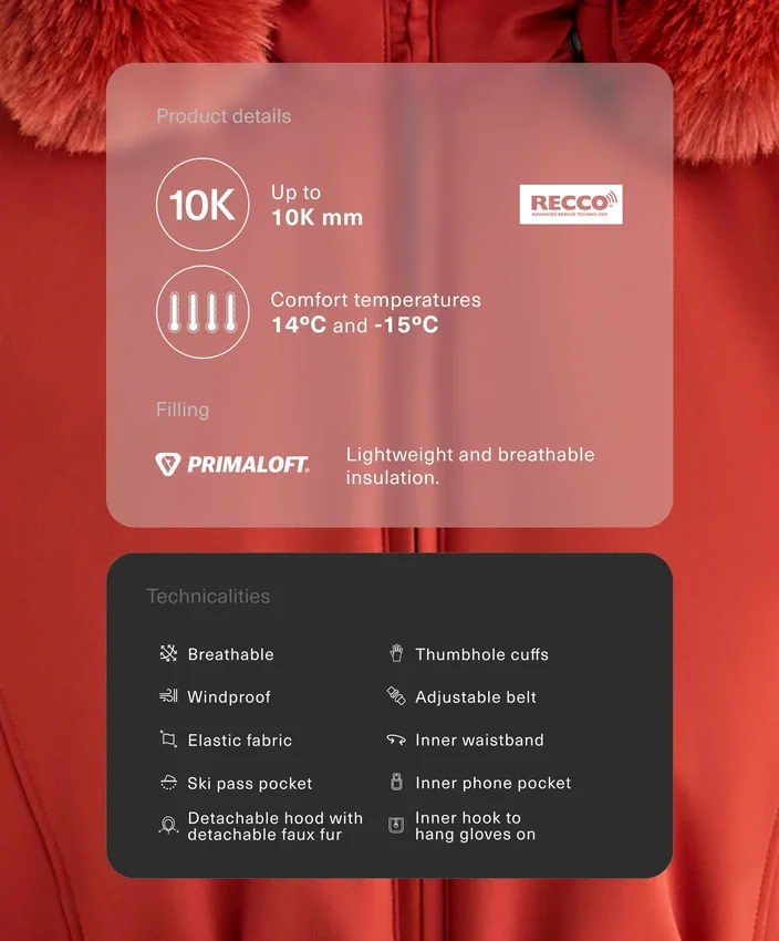 Chaqueta de esquí Primaloft® resistente al agua y de corte superajustado Chaqueta de esquí Primaloft® resistente al agua y de corte superajustado