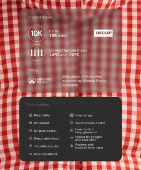 Chaqueta de pantalones cortos de esquí ligera, 80 % plumón y 20 % Minardi Piume, resistente al agua