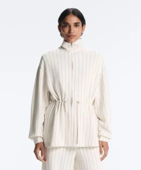 Chaqueta larga a rayas con cintura ajustable y modal Soft Touch