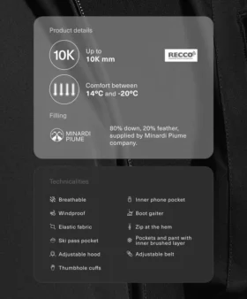 Mono de esquí Minardi Piume, resistente al agua, acolchado con un 80 % de plumón y un 20 % de plumas Mono de esquí Minardi Piume, resistente al agua, acolchado con un 80 % de plumón y un 20 % de plumas