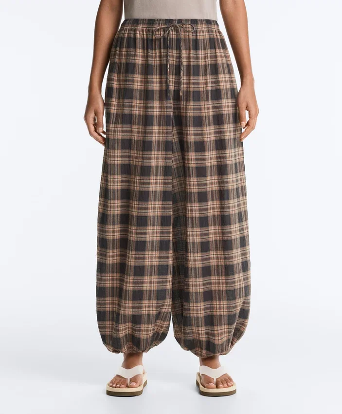 Pantalones bombachos de mezcla de algodón con estampado de cuadros Pantalones bombachos de mezcla de algodón con estampado de cuadros