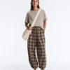 Pantalones bombachos de mezcla de algodón con estampado de cuadros Pantalones bombachos de mezcla de algodón con estampado de cuadros