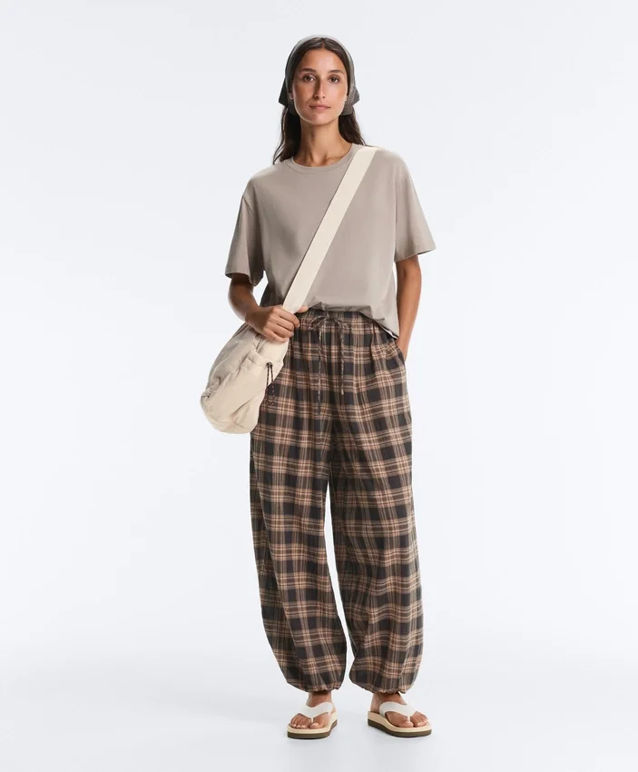 Pantalones bombachos de mezcla de algodón con estampado de cuadros Pantalones bombachos de mezcla de algodón con estampado de cuadros