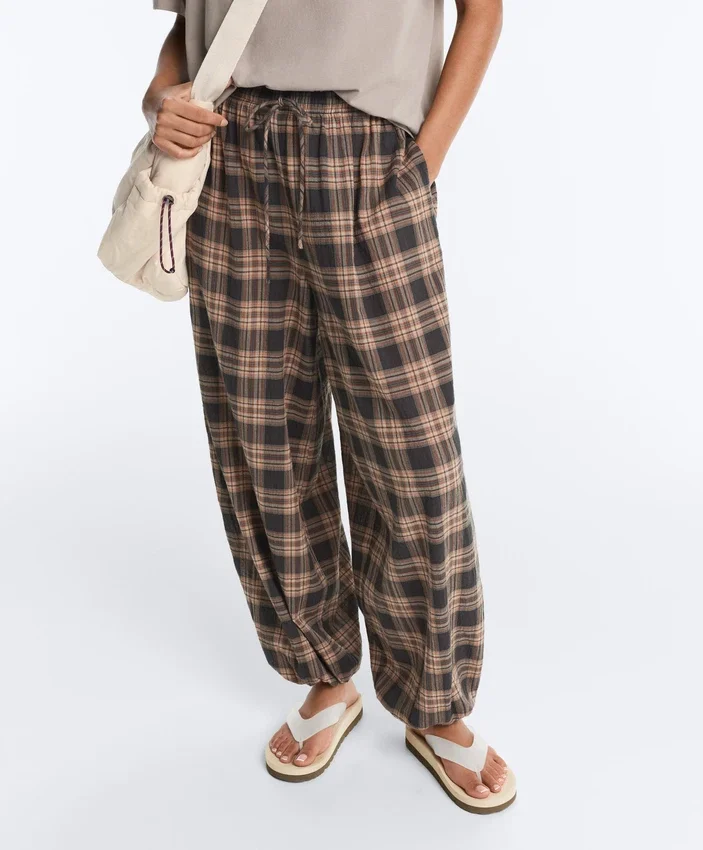 Pantalones bombachos de mezcla de algodón con estampado de cuadros Pantalones bombachos de mezcla de algodón con estampado de cuadros