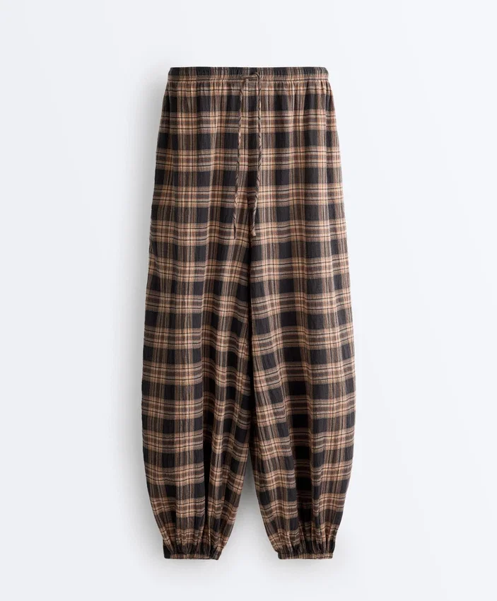 Pantalones bombachos de mezcla de algodón con estampado de cuadros Pantalones bombachos de mezcla de algodón con estampado de cuadros
