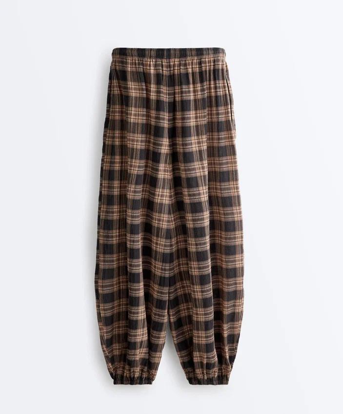 Pantalones bombachos de mezcla de algodón con estampado de cuadros Pantalones bombachos de mezcla de algodón con estampado de cuadros