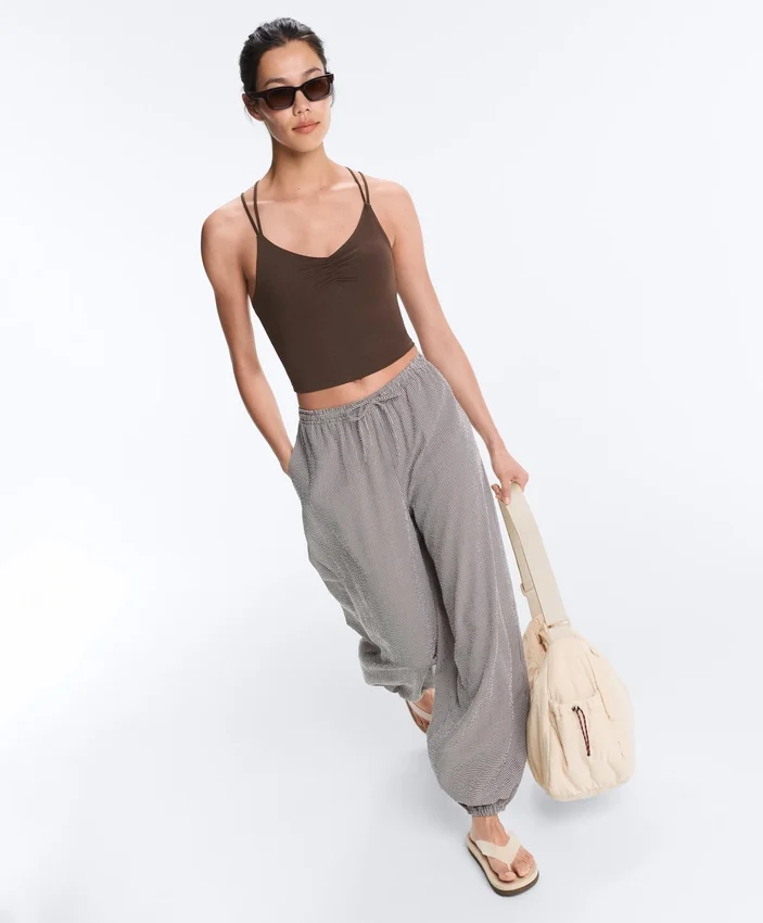 Pantalones bombachos largos de mezcla de lyocell con estampado de cuadros vichy Pantalones bombachos largos de mezcla de lyocell con estampado de cuadros vichy