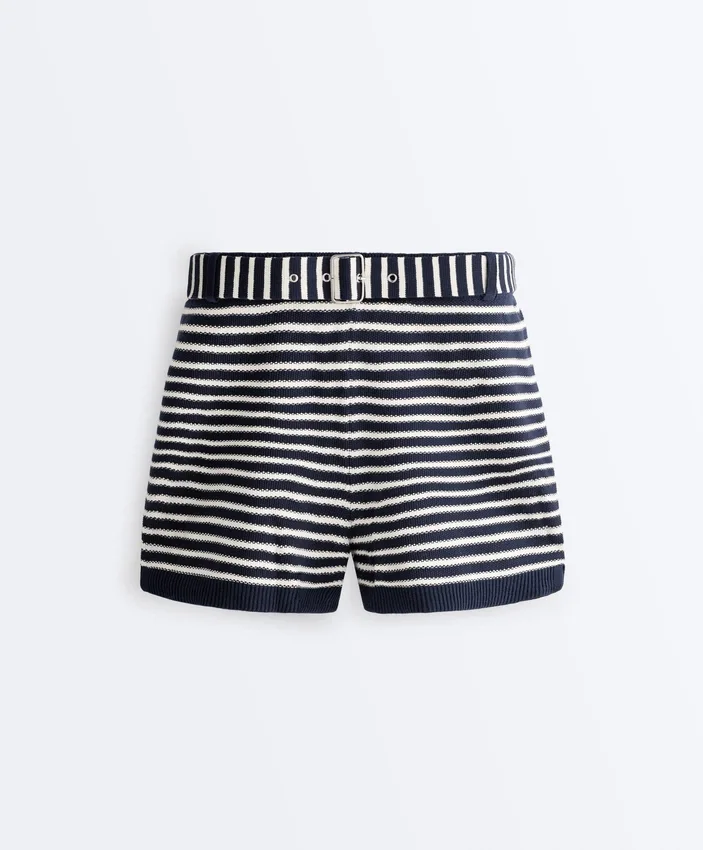 Pantalones cortos de punto a rayas con cinturón 100 % algodón Pantalones cortos de punto a rayas con cinturón 100 % algodón