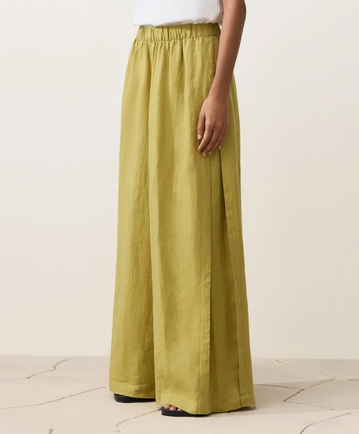 Pantalones de pierna ancha 100 % lino con pliegue lateral Pantalones de pierna ancha 100 % lino con pliegue lateral