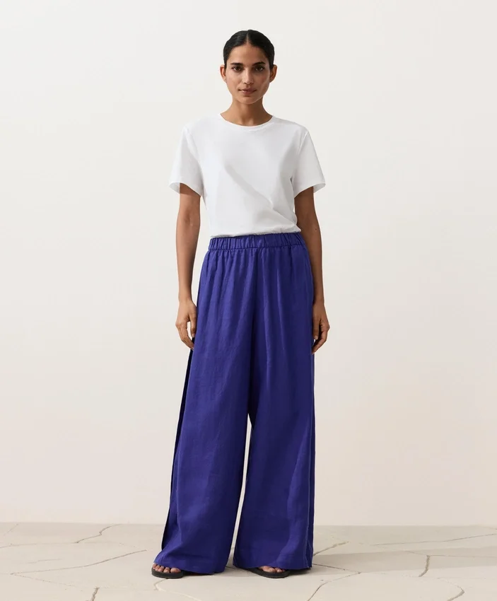 Pantalones de pierna ancha 100 % lino con pliegue lateral Pantalones de pierna ancha 100 % lino con pliegue lateral