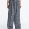 Pantalones de pierna ancha a cuadros de mezcla de algodón Pantalones de pierna ancha a cuadros de mezcla de algodón